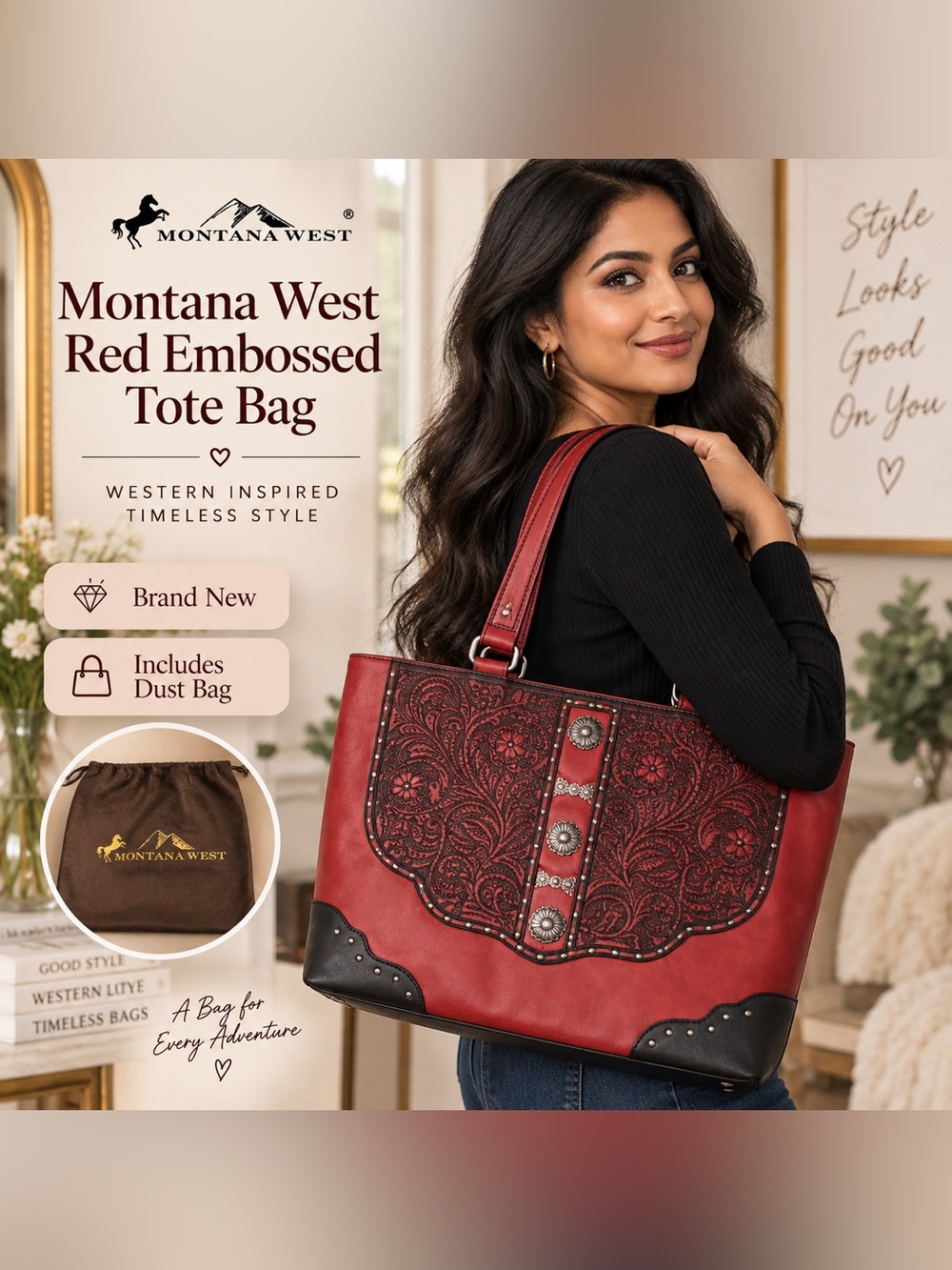 Montana West Red Embossed Tote Bag with Concho Trim